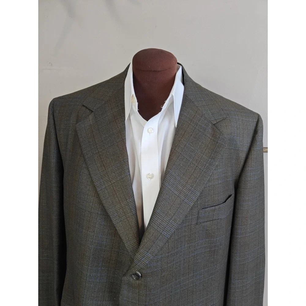 Baskin Mens Wool Sports Coat 46R Olive Glen Plaid USA Vintage 2 Button Blazer